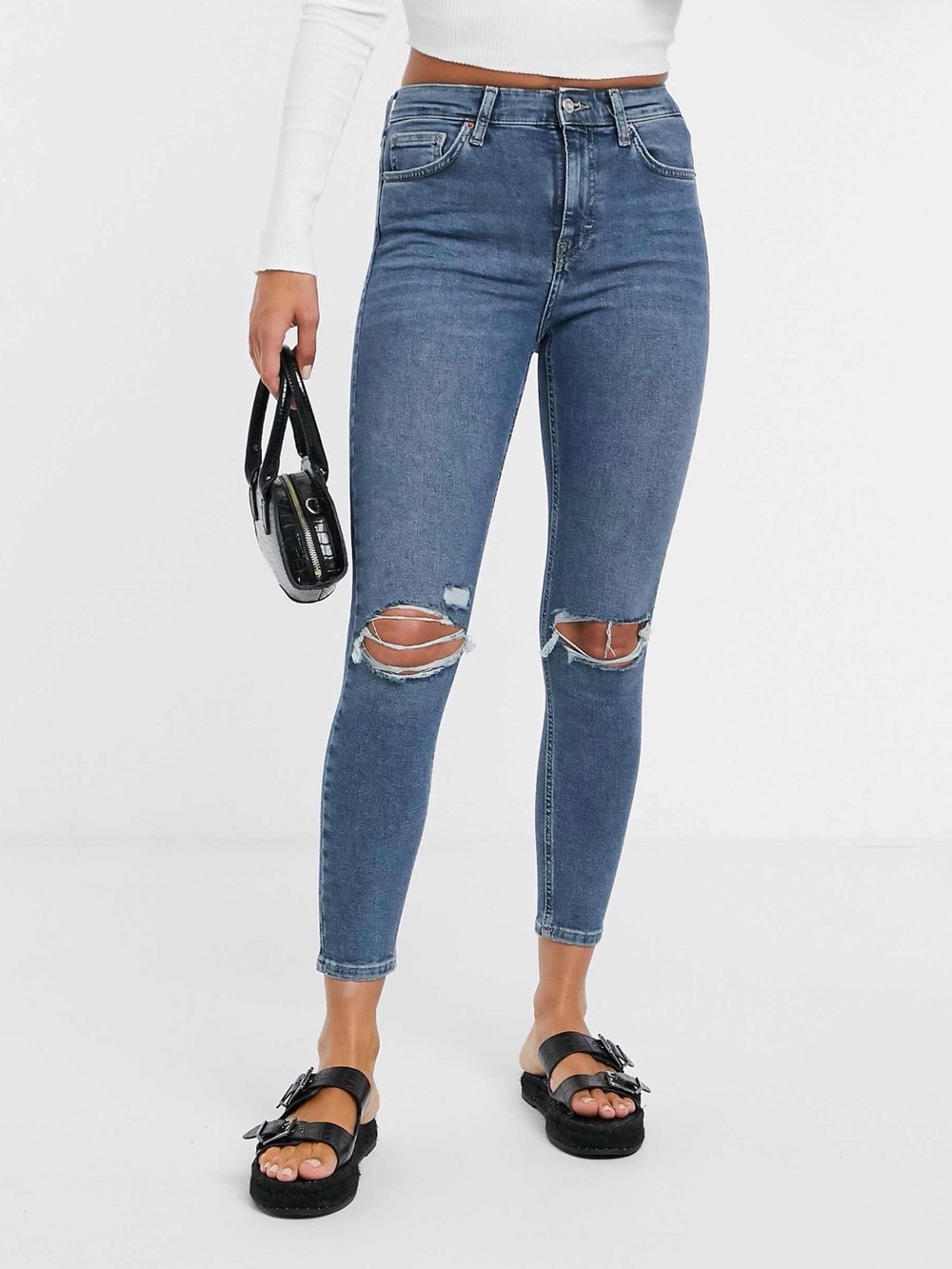 Topshop Jamie Classic High-Rise Skinny Jeans in Medium Blue with Knee Rips
